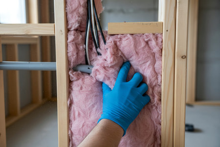 A gloved hand inspects the insulation between wooden studs during a home construction project