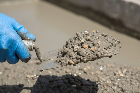 A construction worker uses a trowel to apply wet concrete during a building projectの写真素材