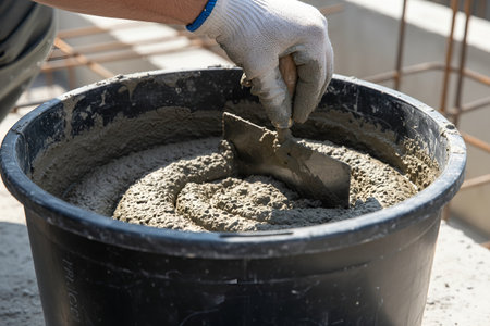A gloved hand uses a trowel to mix cement in a bucket, preparing for a construction projectの写真素材