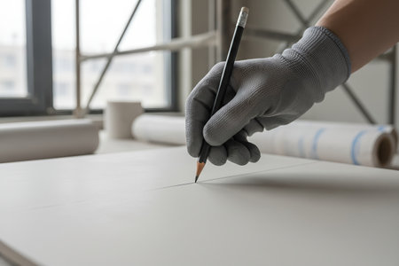 A gloved hand carefully draws a straight line, possibly for a blueprint or architectural designの写真素材
