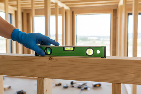 A gloved hand carefully uses a level to ensure a wooden beam is perfectly aligned during a new home...