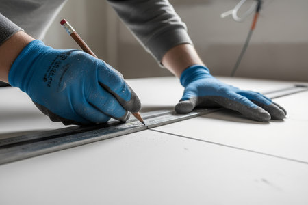 A construction worker is carefully measuring and marking a surface with a pencil and ruler while wearing protective glovesの写真素材