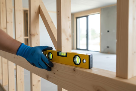 A construction worker uses a spirit level to check the alignment of a wooden beam, ensuring...