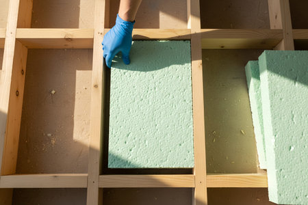 A gloved hand carefully places a piece of foam insulation into a wooden frame during constructionの写真素材