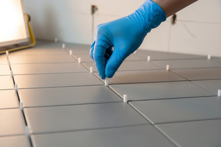 A gloved hand carefully places tile spacers during the installation of new bathroom or kitchen tilesの写真素材