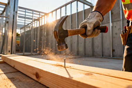 A carpenter uses a hammer to drive a nail into a wooden plank, creating a construction project