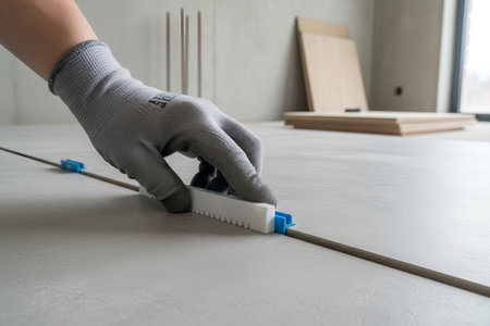 A gloved hand uses a tile leveling system to ensure a perfectly even surface during installationの写真素材