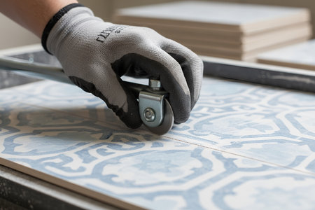 A gloved hand carefully scores a patterned tile with a cutting tool, preparing it for installationの写真素材