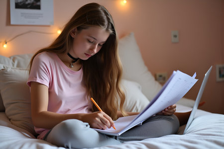 A young woman is focused on her schoolwork while sitting on her bed, surrounded by a cozy atmosphereの写真素材