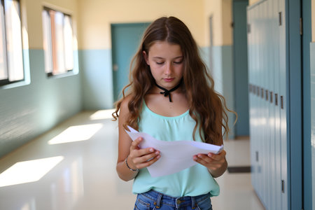 A young student examines a document in a school corridor, perhaps a test or assignment, with a look of concentrationの写真素材
