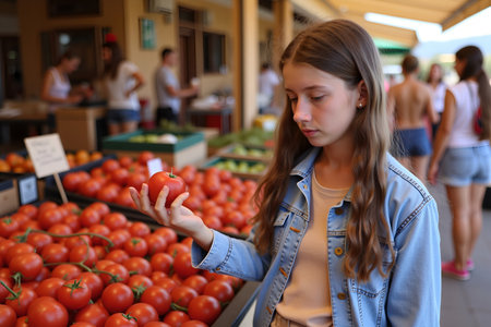 A teenage girl selects a ripe tomato at a produce stand, surrounded by other shoppers and fresh vegetablesの写真素材