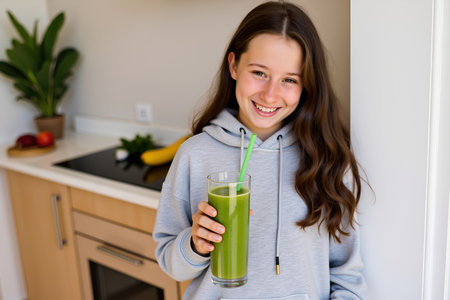 A young woman smiles while holding a glass of fresh green smoothie, promoting a healthy lifestyleの写真素材