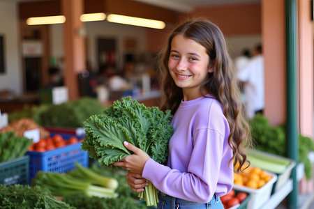 A cheerful girl is seen at a local market, holding a bunch of fresh kale and smiling at the cameraの写真素材