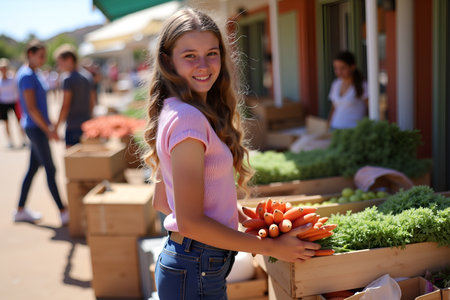 A cheerful young woman holds a bundle of carrots while browsing a local outdoor market, enjoying the dayの写真素材