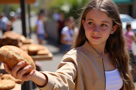 A young woman is seen at a local market, holding a loaf of bread and looking at the camera with a smileの写真素材