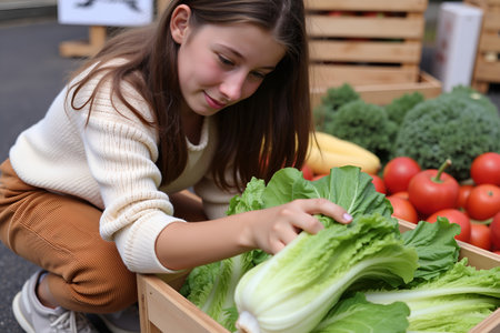 A young woman examines fresh vegetables at a local farmers market, enjoying the vibrant colors and texturesの写真素材