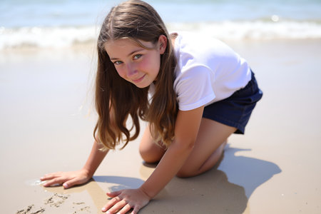 A young girl enjoys a summer day at the beach, drawing in the sand with a smile on her faceの写真素材