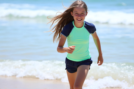 A smiling girl enjoys a sunny day at the beach, running towards the camera with joy and excitementの写真素材
