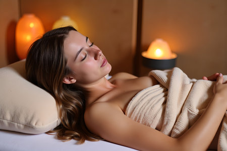 A beautiful woman enjoys a spa day, wrapped in a cozy blanket with her eyes closedの写真素材