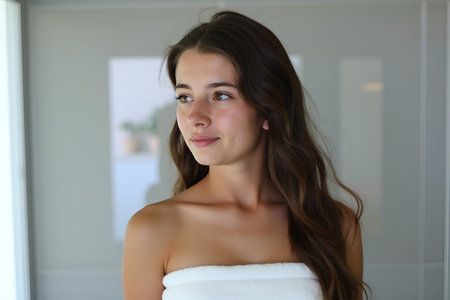 A lovely portrait of a woman with long brown hair, fresh from the shower, enjoying a moment of peaceの写真素材
