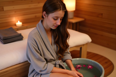A woman in a robe enjoys a foot bath with flower petals, promoting wellness and relaxationの写真素材