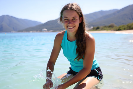 A smiling woman is having fun in the ocean on a beautiful day, creating a splash with her handsの写真素材
