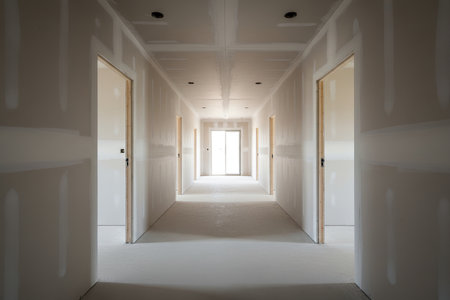 This image shows a long hallway in a new home, with doorways and drywall ready for finishingの写真素材