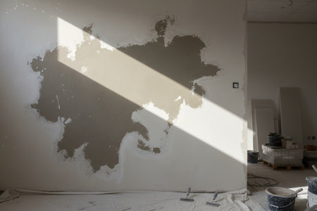 A wall with plaster and sunlight during a building renovation, with tools and materials visibleの写真素材