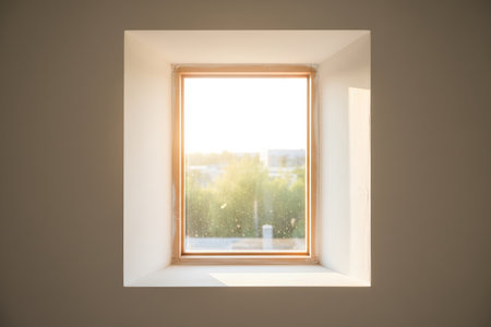 A window with a wooden frame is the focal point of this image, with the sun shining throughの写真素材