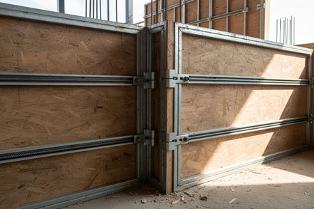 This image shows a close-up of formwork used in the construction of a building, with a focus on the detailsの写真素材