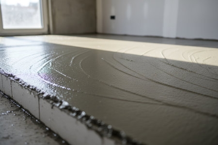 The wet concrete surface reflects light, showing the texture of the freshly laid material and the construction processの写真素材