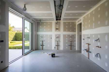 The unfinished interior reveals drywall, plumbing, and electrical work, showcasing the construction processの写真素材