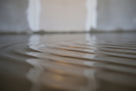 The image captures a close-up of a wet surface, showcasing the interplay of light and textureの写真素材