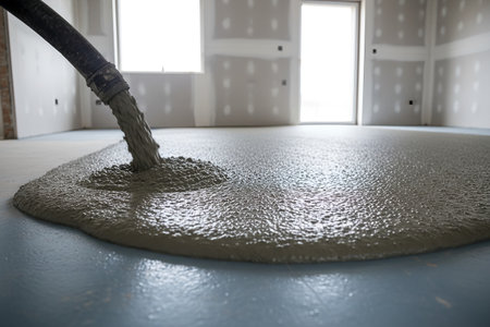 A hose pours wet concrete onto a floor during the construction of a buildingの写真素材