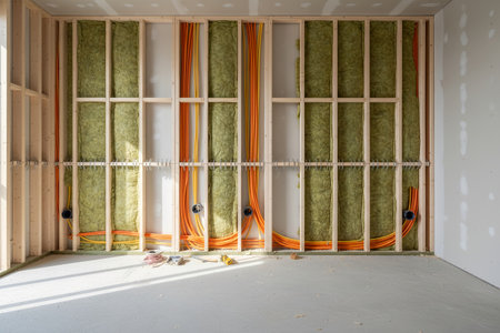 The image shows the inside of a wall during construction, with exposed wiring, wooden framing, and insulation installedの写真素材
