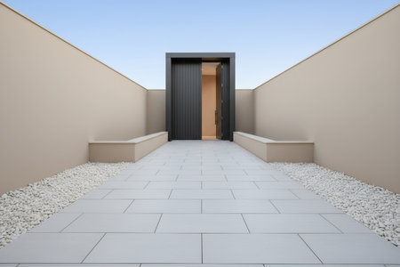 This contemporary exterior features a minimalist design with clean lines and a welcoming atmosphereの写真素材