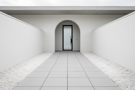 This image showcases a contemporary building entrance with clean lines and a serene atmosphereの写真素材