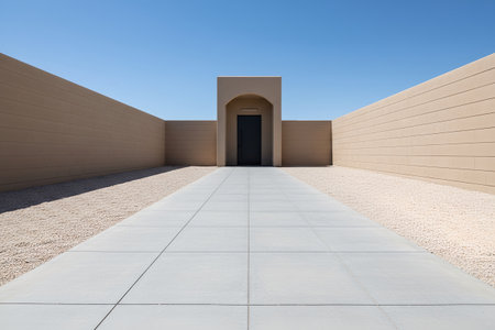 This striking architectural composition features clean lines, a sense of symmetry, and a serene, open atmosphereの写真素材