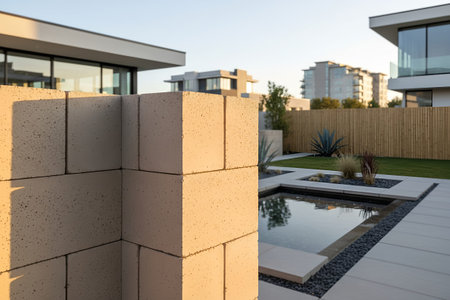 The contemporary architecture features clean lines and a serene outdoor space, perfect for...