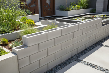 This contemporary garden design features a concrete block wall, lush greenery, and a tranquil water...