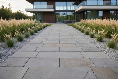 A beautiful pathway leads to a contemporary home with large windows and a manicured landscapeの写真素材