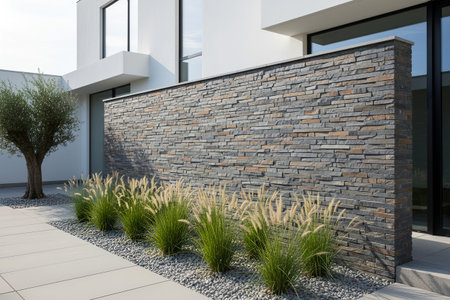 This contemporary home features a stylish stone wall, lush greenery, and a minimalist design,...