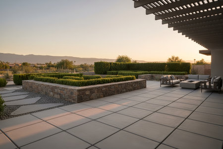 This stunning patio features a modern fire pit, comfortable seating, and a meticulously designed gardenの写真素材