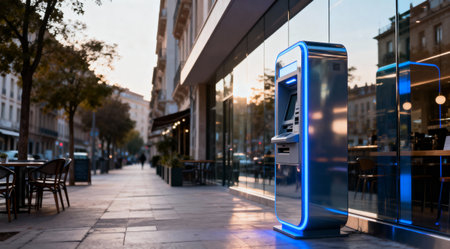 An illuminated ATM stands on a city sidewalk, inviting customers to access their funds with easeの写真素材