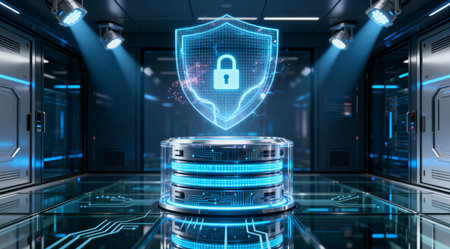 This image represents data protection and cybersecurity in a modern data center environment