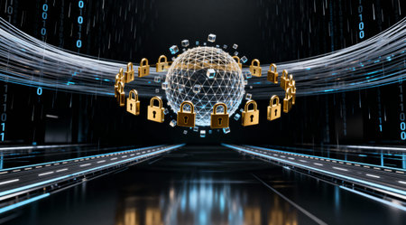 This image represents cybersecurity, data protection, and network security in a modern, abstract...