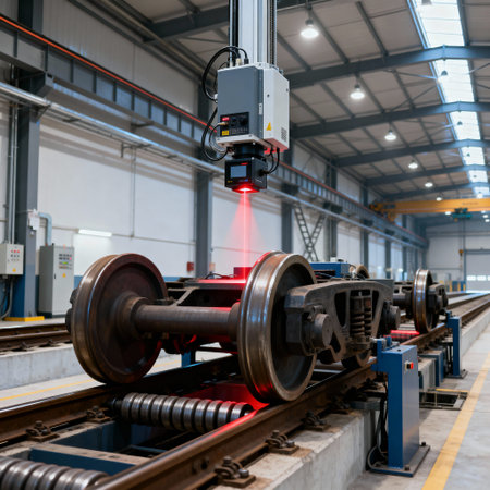 A laser scanner is used to measure the dimensions of a train's wheelset in a railway maintenance...