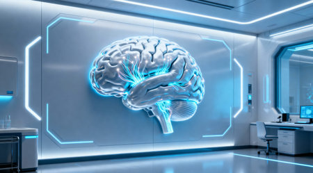 A digital rendering showcases a detailed brain model with glowing lines, set in a high-tech lab...