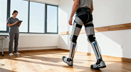 A medical professional observes a patient walking with the aid of an advanced robotic exoskeletonの写真素材