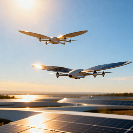 Two solar-powered drones fly over a solar farm, capturing the beauty of renewable energy and...